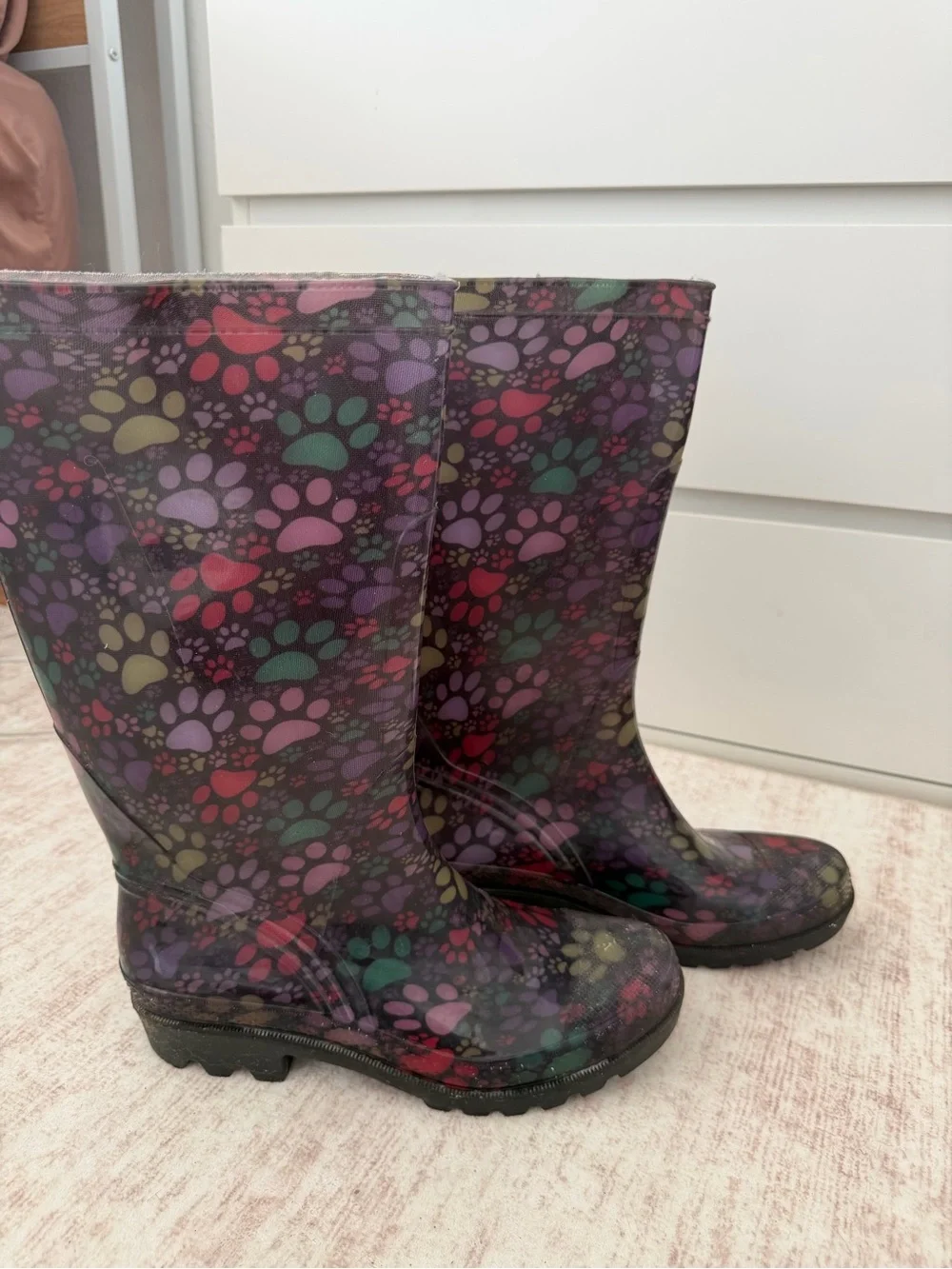 Women’s Waterproof Rain Boots with Colorful Paw Print Pattern